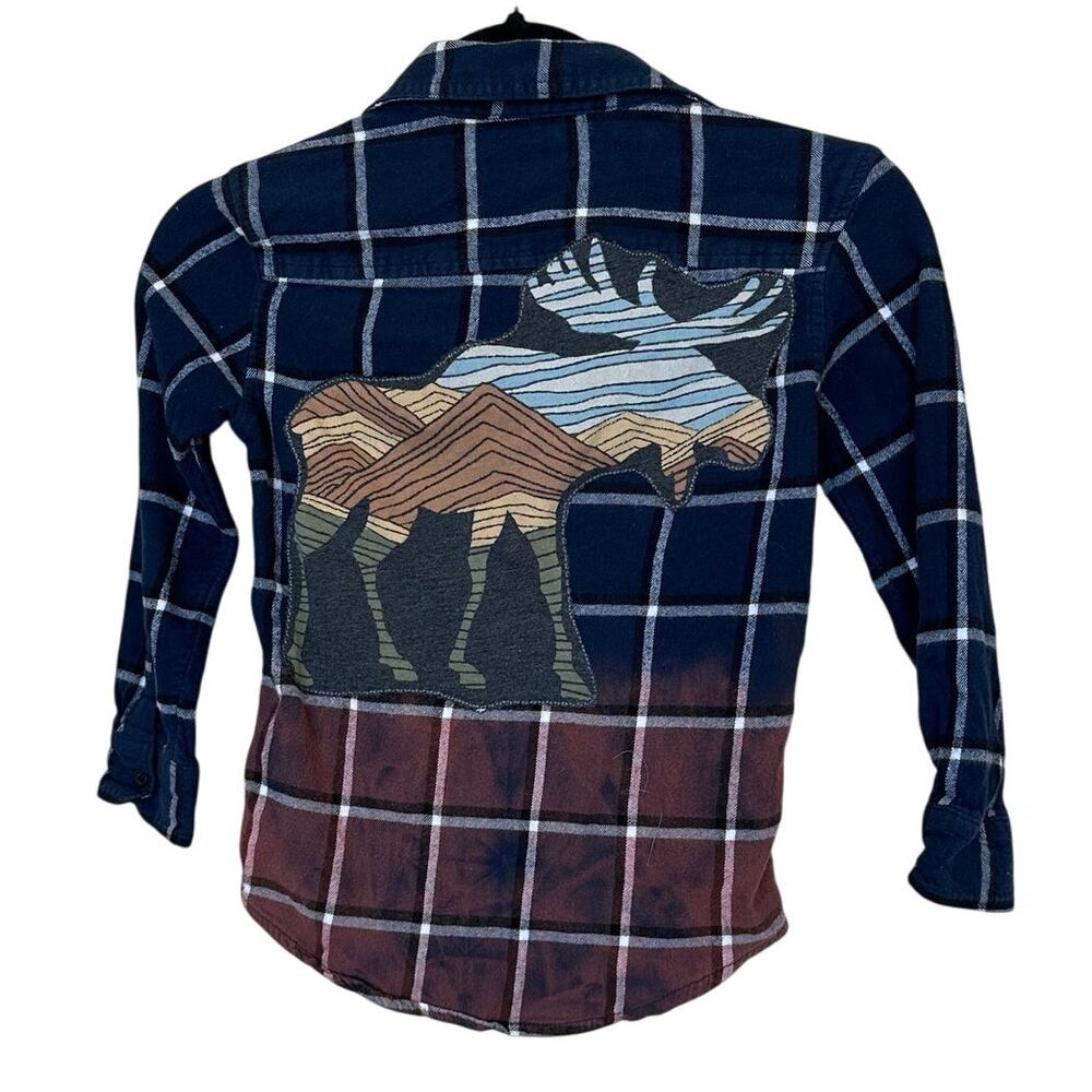 Moose Kids Plaid Flannel Button Down Shirt MEDIUM Unique Ombre Upcycled